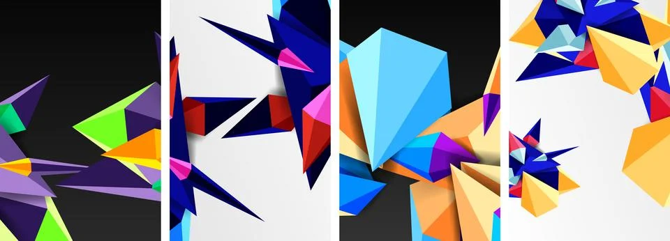 Set of triangle geometric low poly 3d shapes posters Stock Illustration