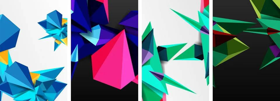 Set of triangle geometric low poly 3d shapes posters Stock Illustration