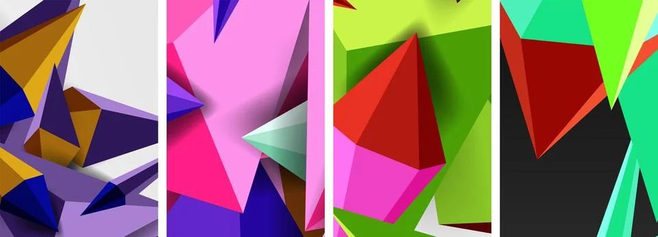 Set of triangle geometric low poly 3d shapes posters Stock Illustration