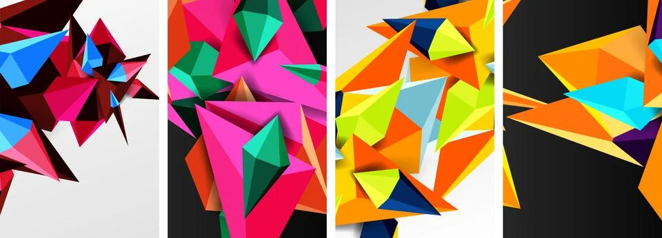 Set of triangle geometric low poly 3d shapes posters Stock Illustration