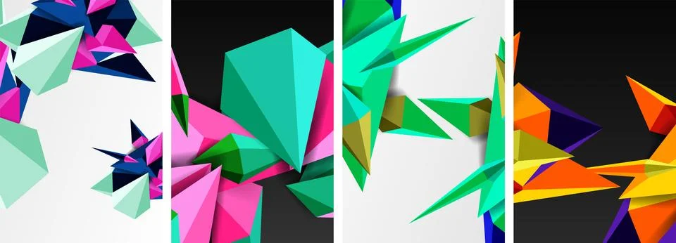 Set of triangle geometric low poly 3d shapes posters Stock Illustration
