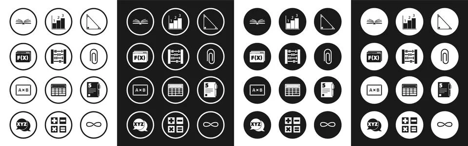 Set Triangle math, Abacus, Function mathematical symbol, Open book, Paper clip Stock Illustration