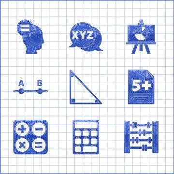 Set Triangle math, Calculator, Abacus, Test exam sheet, Graph, schedule, chart Stock Illustration