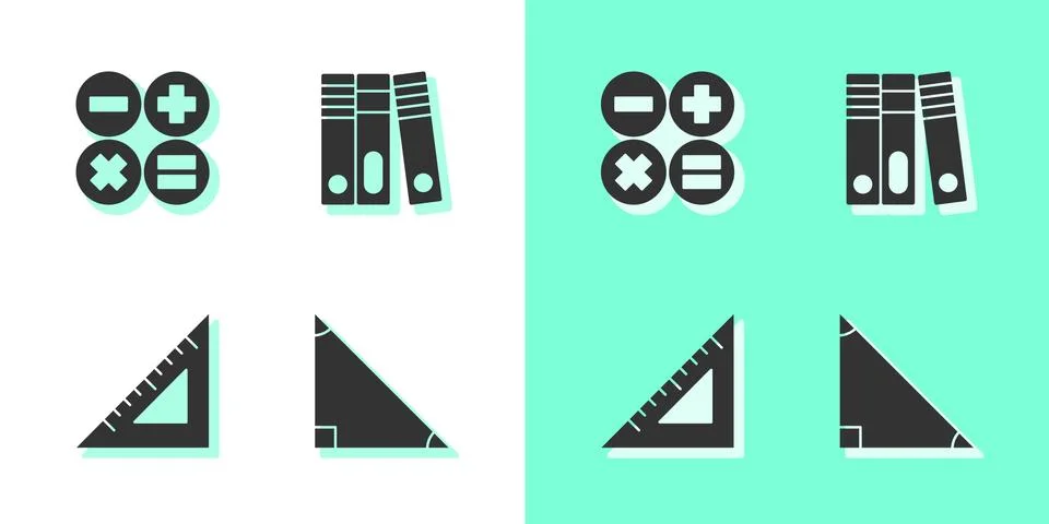 Set Triangle math, Calculator, Triangular ruler and Office folders icon. Vector Stock Illustration