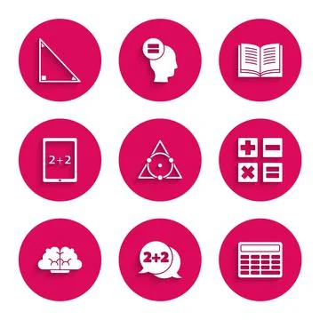 Set Triangle math, Equation solution, Calculator, Human brain, Tablet with Illustrazione stock