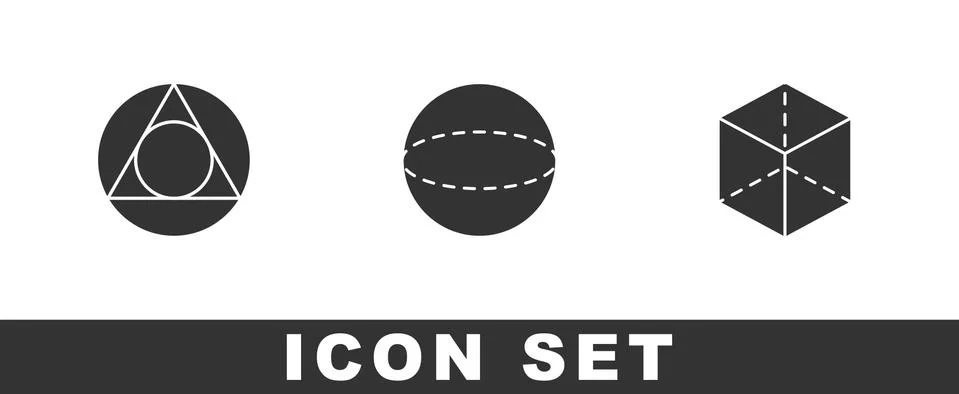Set Triangle math, Geometric figure Sphere and Cube icon. Vector Stock Illustration