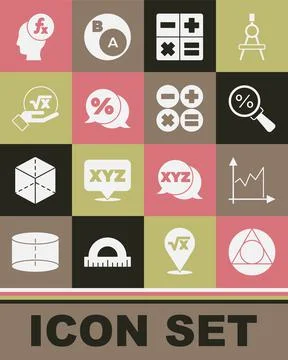 Set Triangle math, Graph, schedule, chart, diagram, Magnifying glass with Stock Illustration