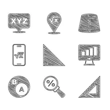 Set Triangle math, Magnifying glass with percent, Triangular ruler, Computer Stock Illustration