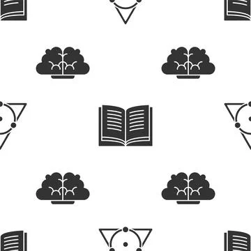 Set Triangle math, Open book and Human brain on seamless pattern. Vector Stock Illustration