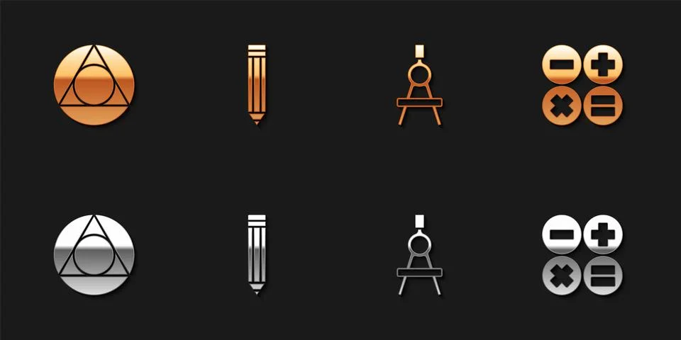 Set Triangle math, Pencil, Drawing compass and Calculator icon. Vector 스톡 일러스트