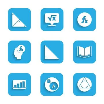 Set Triangle math, Subsets, math, is subset of b, Open book, Laptop with grap Stock Illustration