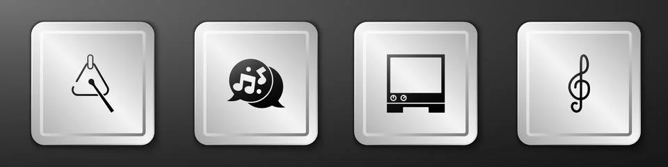 Set Triangle, Music note, tone, Voice assistant and Treble clef icon. Silve.. Stock Illustration