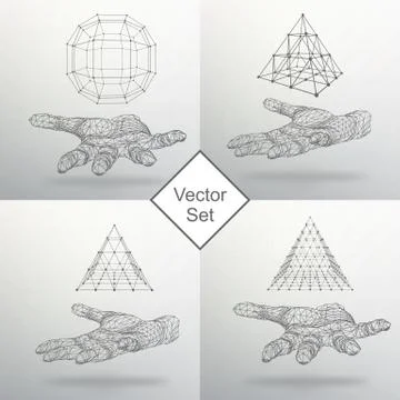 Set triangle pyramid and Ball on the arm. The hand holding a pyramid. Polygon Illustrazione stock