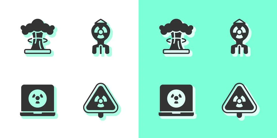 Set Triangle with radiation, Nuclear explosion, laptop and bomb icon. Vector Illustrazione stock
