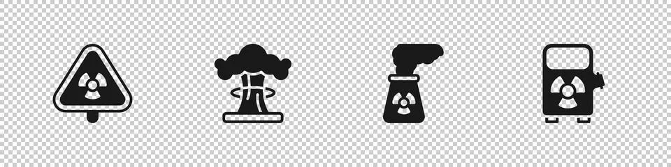 Set Triangle with radiation, Nuclear explosion, power plant and Electric car  Stock Illustration
