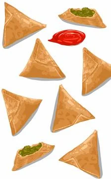 A set of triangle shape different types of samosas. Food pattern  Stock Illustration