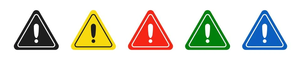 Set of triangular black, yellow, red, green and blue road signs with exclam.. Stock Illustration
