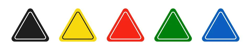 Set of triangular black, yellow, red, green and blue road signs. Vector ill.. Stock Illustration