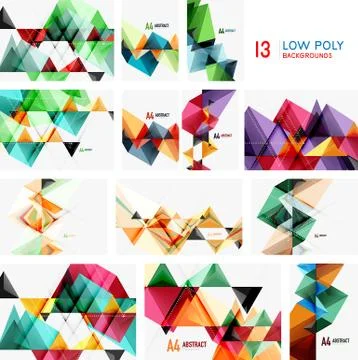 Set of triangular low poly 3d design backgrounds. Geometric triangle shapes Stock Illustration