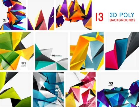 Set of triangular low poly 3d design backgrounds. Geometric triangle shapes Stock Illustration