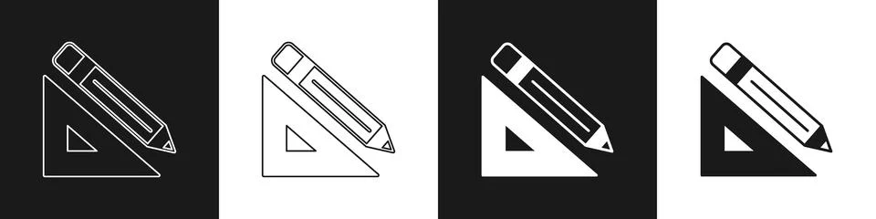 Set Triangular ruler and pencil icon isolated on black and white background Illustrazione stock