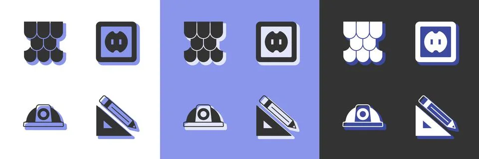 Set Triangular ruler and pencil, Roof tile, Worker safety helmet and Electrical Stock Illustration