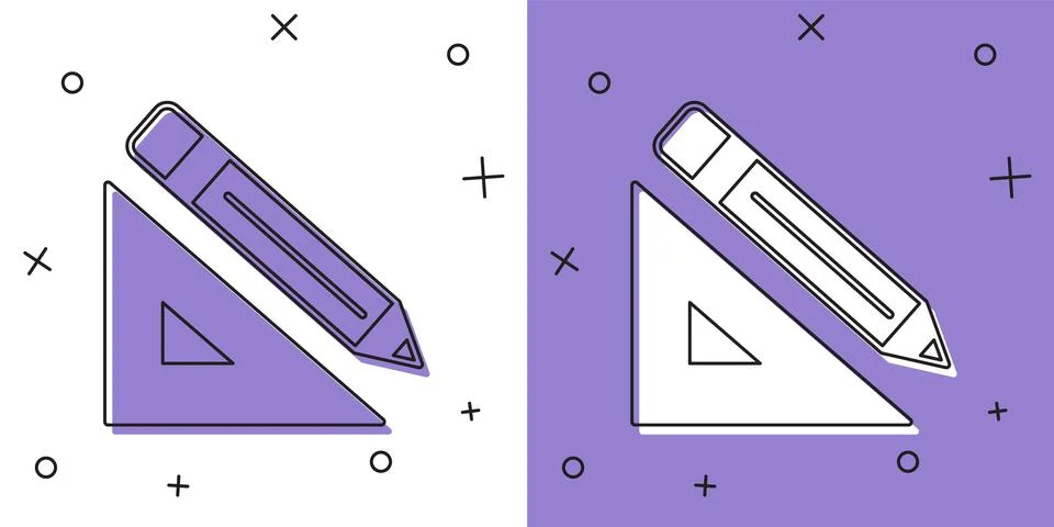 Set Triangular ruler and pencil icon isolated on white and purple background Stock Illustration