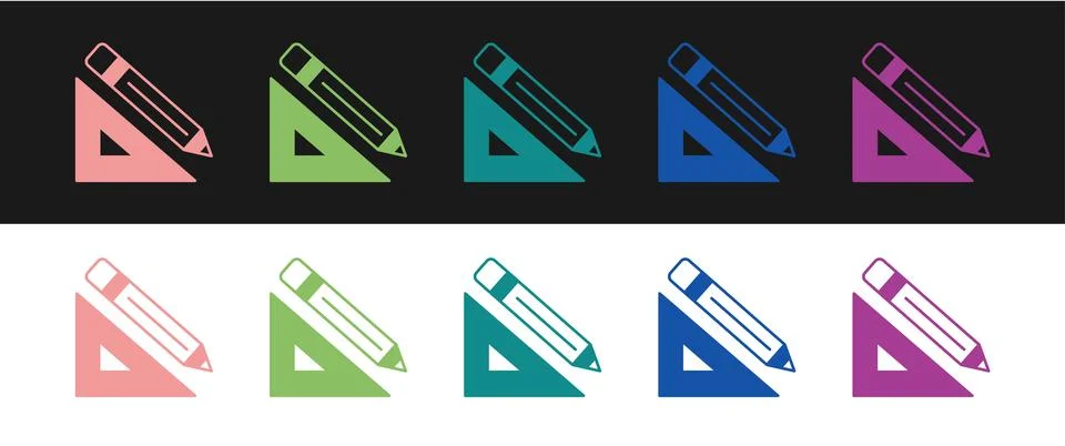 Set Triangular ruler and pencil icon isolated on black and white background Stock Illustration
