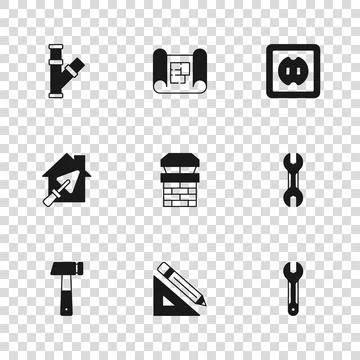 Set Triangular ruler and pencil, Wrench spanner, Chimney, Electrical outlet.. Ilustração Stock