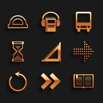 Set Triangular ruler, Arrow, Open book, Dots arrow, Refresh, Hourglass pixel Stock Illustration