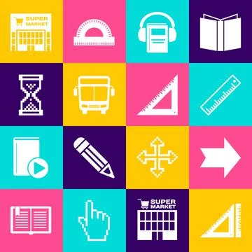 Set Triangular ruler, Arrow, Ruler, Audio book, Bus, Hourglass pixel Stock Illustration