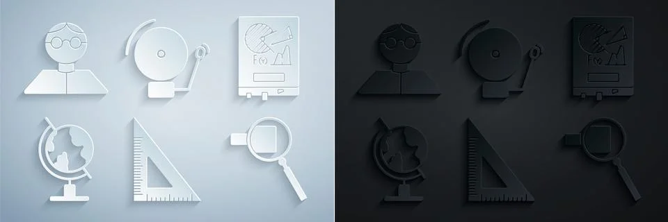 Set Triangular ruler, Board with graph chart, Earth globe, Magnifying glass Illustrazione stock