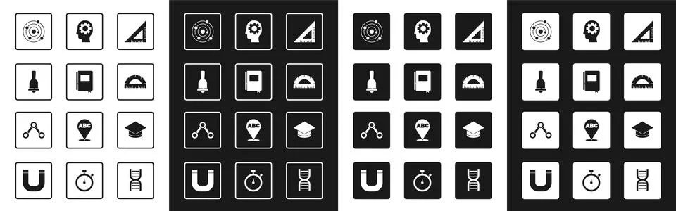 Set Triangular ruler, Book, Ringing bell, Solar system, Protractor, Head with Illustrazione stock