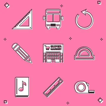 Set Triangular ruler, Bus, Refresh, Pencil, Supermarket building, Protracto.. Stock Illustration