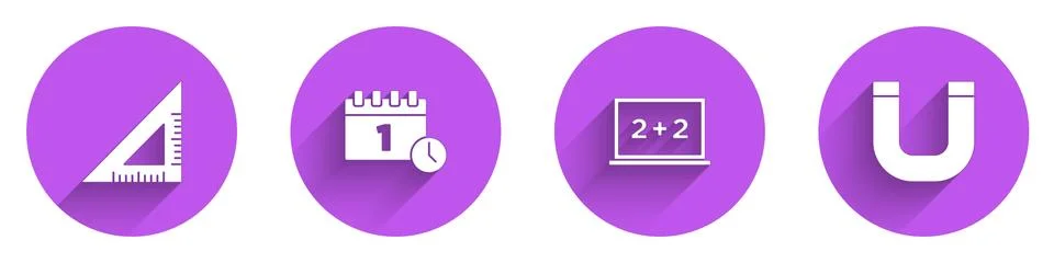 Set Triangular ruler, Calendar first september date, Chalkboard and Magnet icon Illustrazione stock