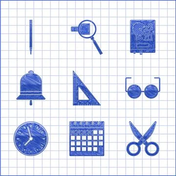 Set Triangular ruler, Calendar, Scissors, Glasses, Clock, Ringing bell, Board Stock Illustration