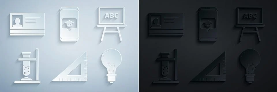 Set Triangular ruler, Chalkboard, Glass test tube flask on fire, Light bulb with Stock Illustration