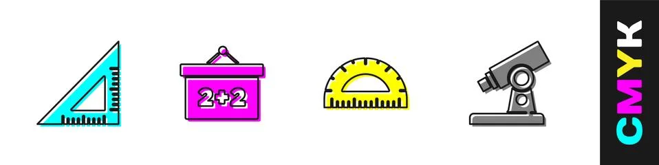 Set Triangular ruler, Chalkboard, Protractor and Microscope icon. Vector Illustrazione stock