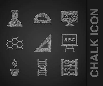 Set Triangular ruler, DNA symbol, Abacus, Chalkboard, Plant in pot, Chemical 스톡 일러스트