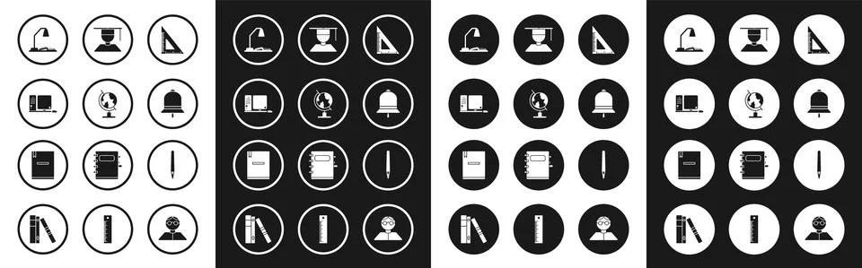 Set Triangular ruler, Earth globe, Computer monitor with keyboard and mouse Illustrazione stock