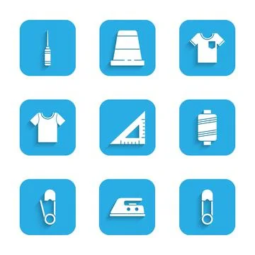 Set Triangular ruler, Electric iron, Safety pin, Sewing thread, T-shirt, and Awl Illustrazione stock