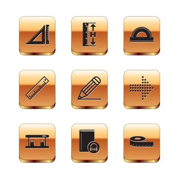 Set Triangular ruler, Gas filling station, Audio book, Pencil and line, Ruler Stock Illustration