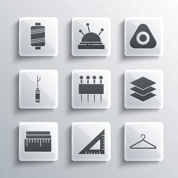 Set Triangular ruler, Hanger wardrobe, Layers clothing textile, Needle for .. Ilustração Stock