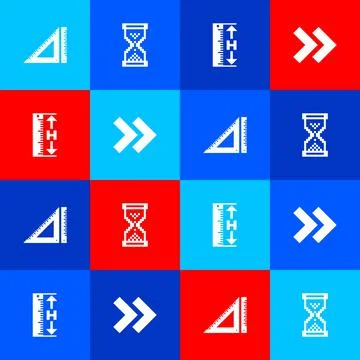 Set Triangular ruler, Hourglass pixel, Measuring height and length and Arrow Illustrazione stock