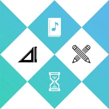 Set Triangular ruler, Hourglass pixel, Audio book and Crossed pencil icon Illustrazione stock