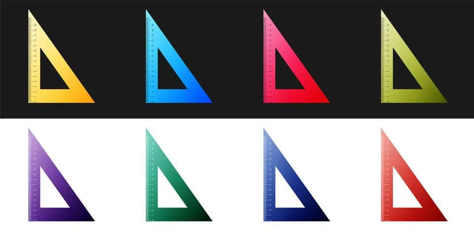 Set Triangular ruler icon isolated on black and white background. Straightedge Stock Illustration