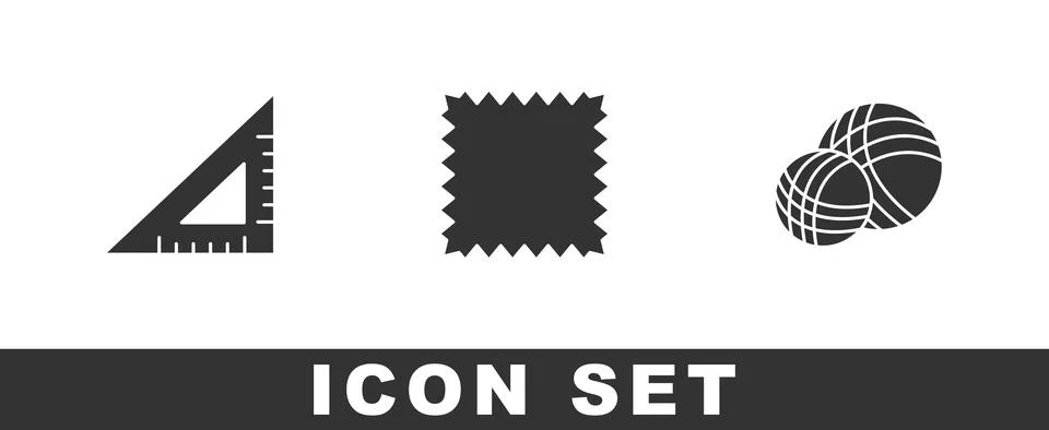 Set Triangular ruler, Leather and Yarn ball icon. Vector Illustrazione stock