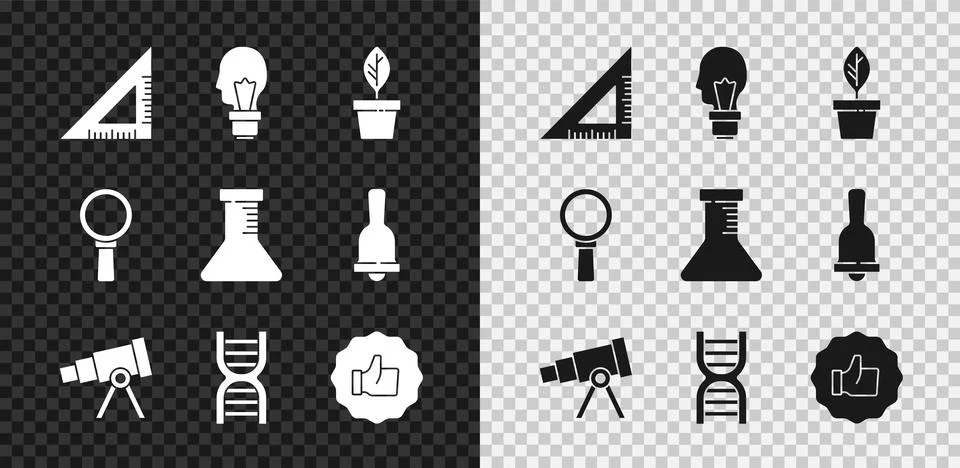 Set Triangular ruler, Light bulb with concept of idea, Plant in pot, Telescope 스톡 일러스트