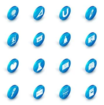 Set Triangular ruler, Magnet, Marker pen, Glass test tube flask on fire, Apple Stock Illustration