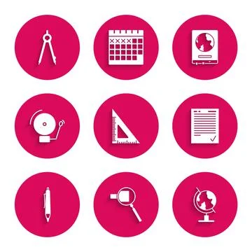 Set Triangular ruler, Magnifying glass, Earth globe, Exam sheet with check .. Illustrazione stock